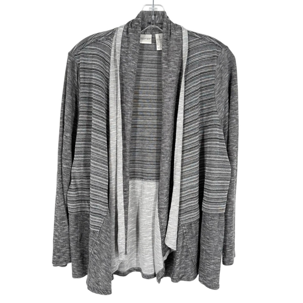Chicos Zenergy Knit Cardigan Size 3 Gray Mixed Media Open Front Womens XL